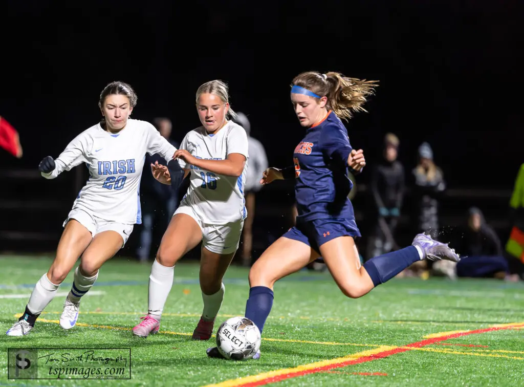 T Anna Noble with the winner - Shore Sports Insider Freshman Anna Noble scored the game winner against Notre Dame in the SJNPA Semifinal at Trinity Hall. 11/10/25 Photo by Tom Smith - T Anna Noble with the winner