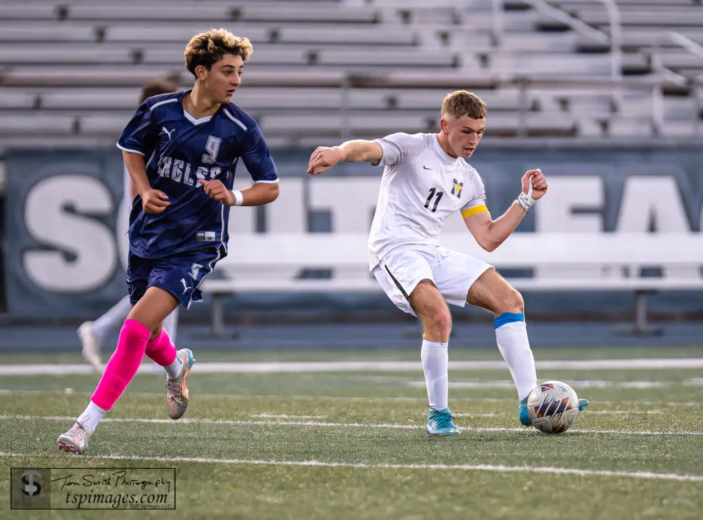 Marlboro Jake Ferraro - Shore Sports Insider Marlboro senior Jack Ferraro knocks the ball past Middletown South senior Joey Fielding. (Photo Credit: Tom Smith | tspsportsimages.com) - Marlboro Jake Ferraro