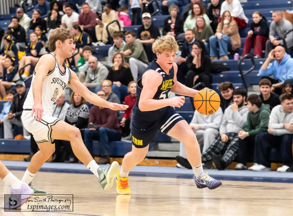 TRN vs Southern - Shore Sports Insider Toms River North sophomore Jake Greenberg drives by Southern senior Jake Sliwinski. (Photo: Tom Smith | tspsportsimages.com) - TRN vs Southern