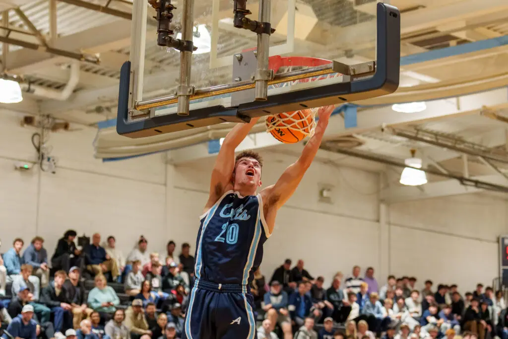 CBA vs. Linden - Shore Sports Insider CBA senior Charlie Messano throws down a dunk vs. Linden Saturday at Middletown South High School in the Hoop Group Boardwalk Showcase. (Photo: Patrick Olivero) - CBA vs. Linden