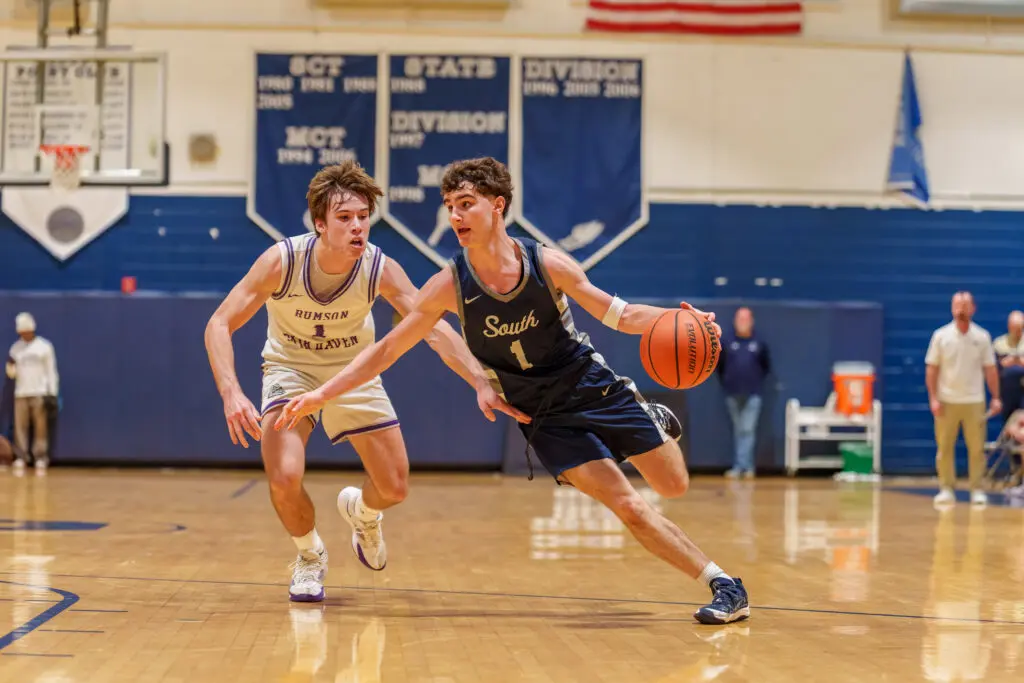 Midd South vs Rumson - Shore Sports Insider Middletown South freshman Ryan Gannon shadowed by Rumson-Fair Haven junior Casey Moore. (Photo: Patrick Olivero) - Midd South vs Rumson