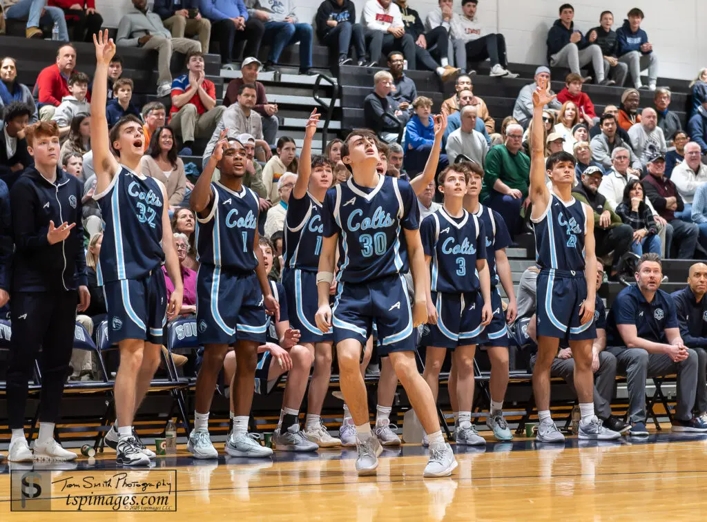 CBA vs Holmdel - Shore Sports Insider CBA senior Matt Veirz fires up a three-pointer with the Colts bench cheering him on. (Photo: Tom Smith | tspsportsimages.com) - CBA vs Holmdel