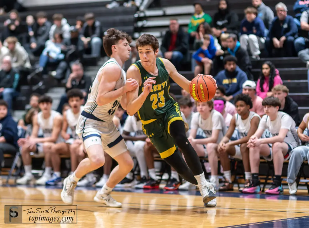 RBC vs Ranney - Shore Sports Insider Red Bank Catholic junior Tyler Hager dribbles against Ranney junior Ben Schaeffer. (Photo: Tom Smith | tspsportsimages.com) - RBC vs Ranney