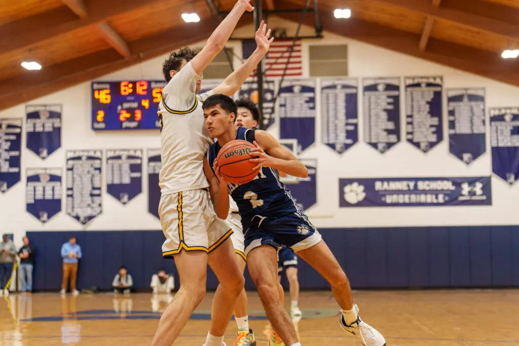 Marlboro at Ranney - Shore Sports Insider Ranney senior Shaan Nayar maneuvers in the paint vs. Marlboro senior Drew Lubeck. (Photo: Patrick Olivero) - Marlboro at Ranney