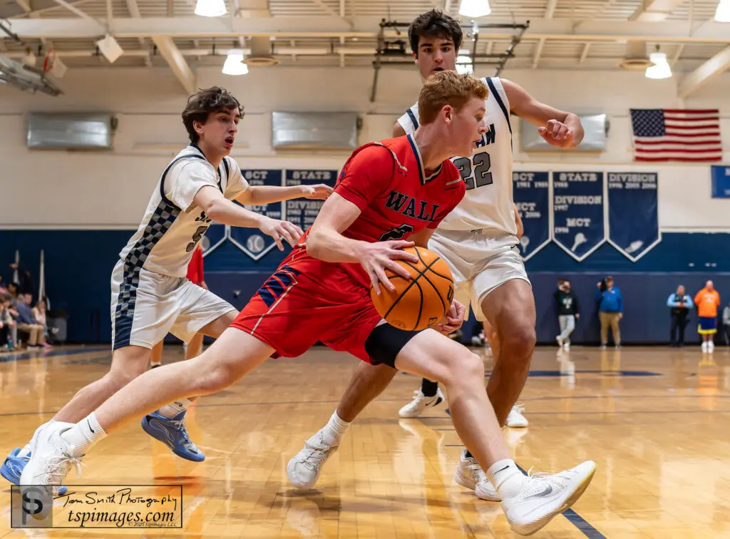 Wall vs Manasquan SCT - Shore Sports Insider Wall senior Brian McKenna drives baseline against Manasquan defenders Kennedy Larned (left) and Logan Cleveland. (Photo: Tom Smith | tspsportsimages.com) - Wall vs Manasquan SCT