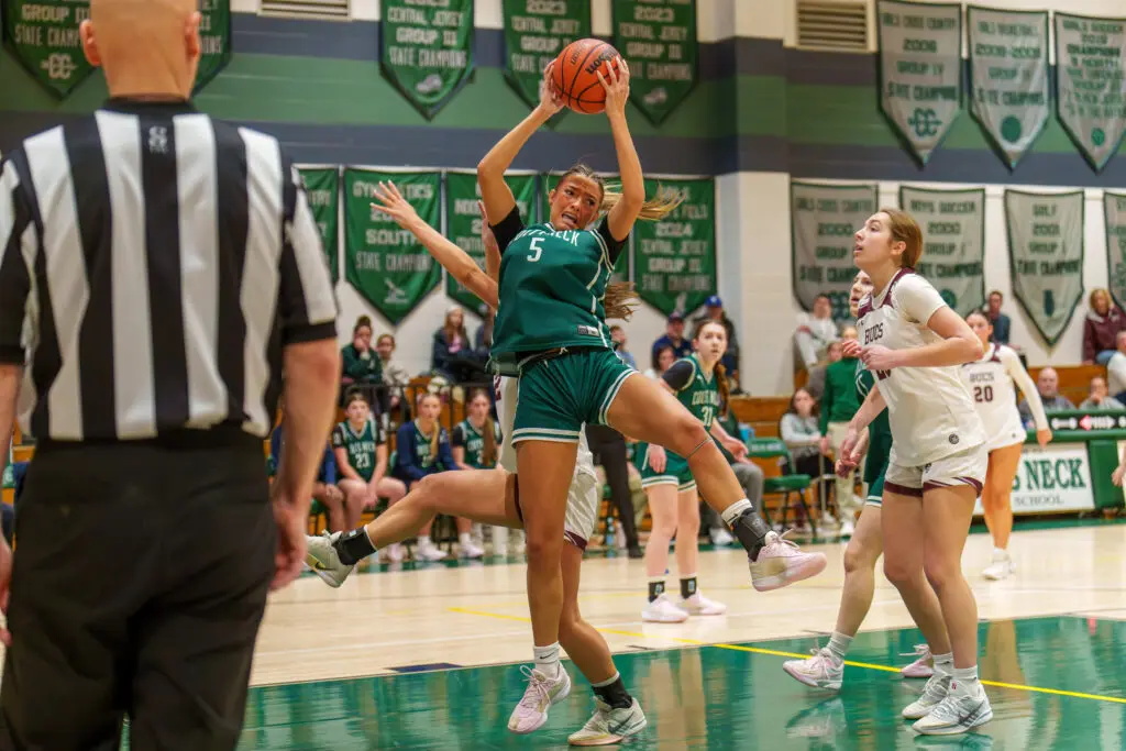 CN Gabby Bryce1 - Shore Sports Insider Gabby Bryce grabs a rebound against Red Bank in the CJG3 Championship game at Colts Neck. 3/7/26 Photo by Patrick Olivero - CN Gabby Bryce1
