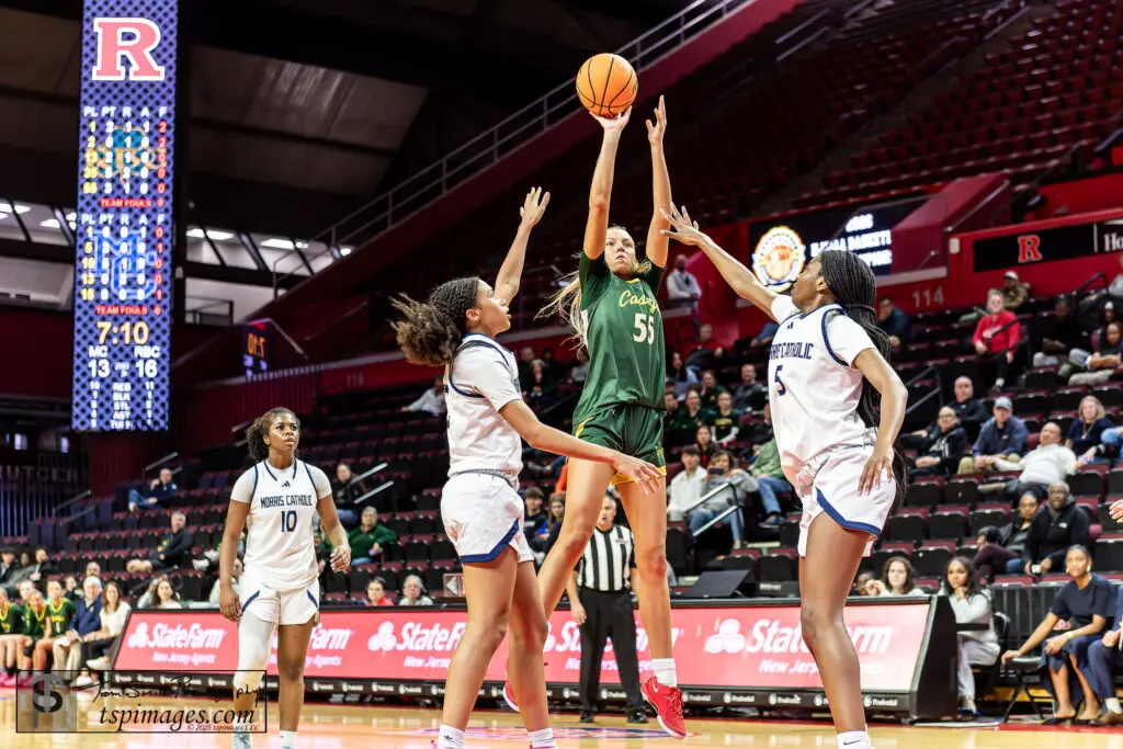 RBC Addy Nyemcheck - Shore Sports Insider Red Bank Catholic senior Addy Nyemchek shoots over Morris Catholic's Peyton Williams (left) and Morgan Fulston. (Photo: Tom Smith | tspsportsimages.com) - RBC Addy Nyemcheck