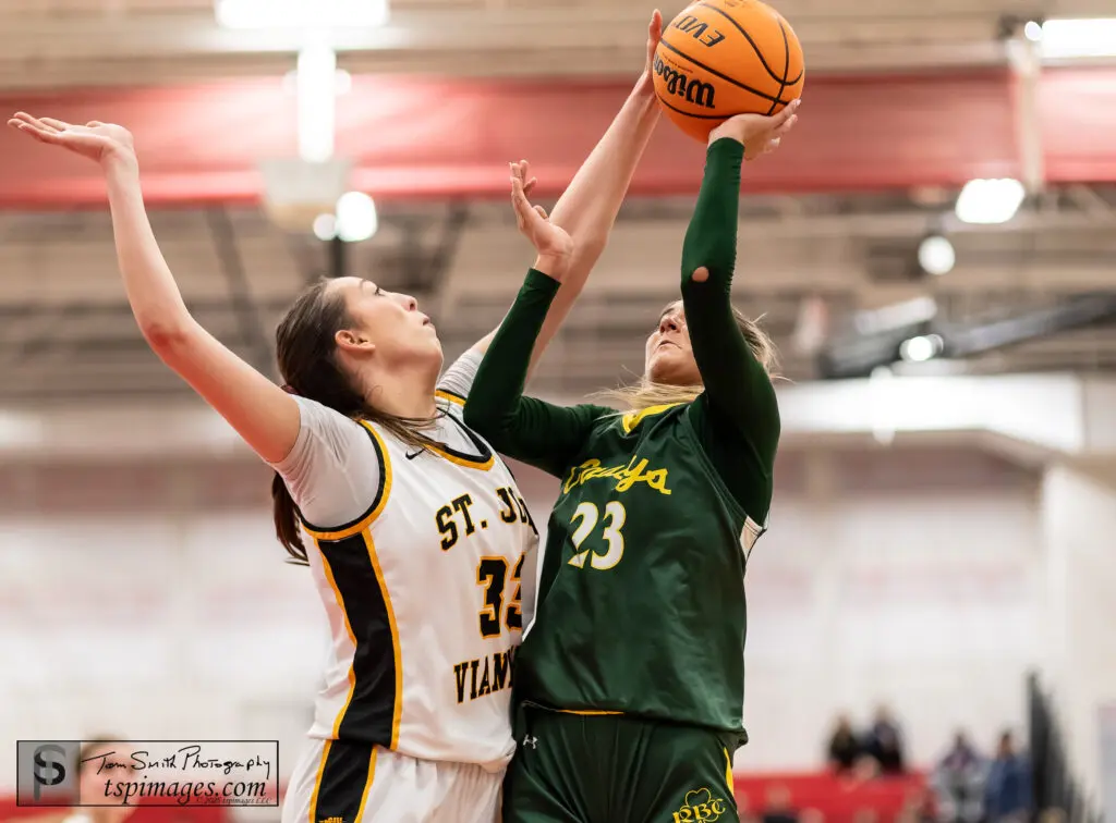 SJV Taylor Sofilkanich - Shore Sports Insider St. John Vianney senior Taylor Sofilkanich blocks a shot by Red Bank Catholic senior Daniela Maletsky. (Photo: Tom Smith | tspsportsimages.com) - SJV Taylor Sofilkanich