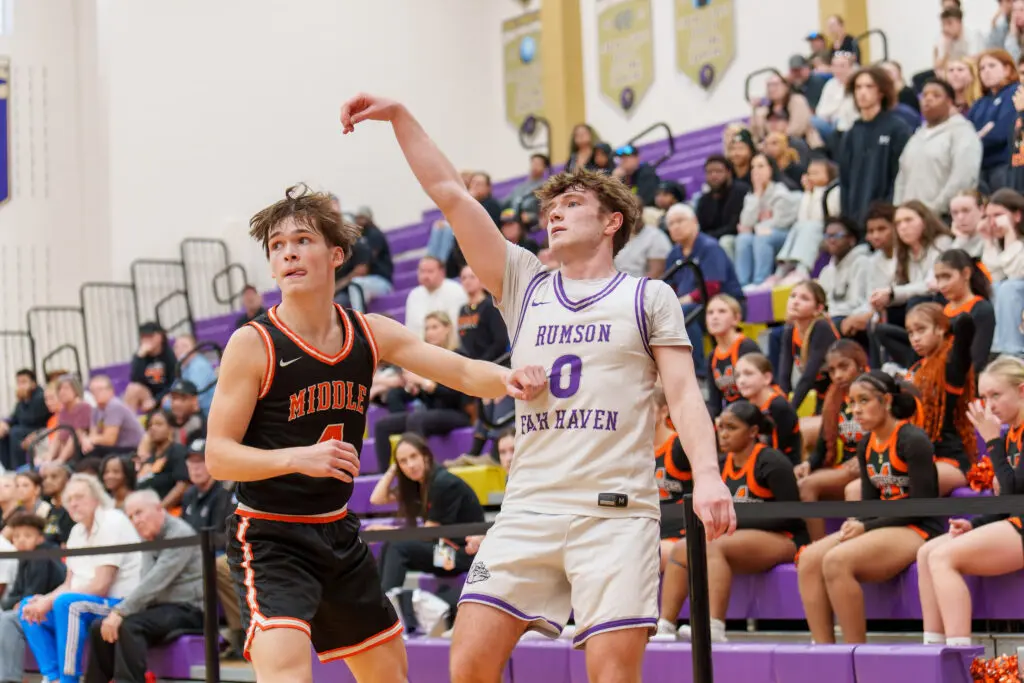 Rumson vs Middle - Shore Sports Insider Rumson-Fair Haven senior Luke Lydon fires a shot over Middle Township junior Mason Murawski. (Photo: Patrick Olivero) - Rumson vs Middle
