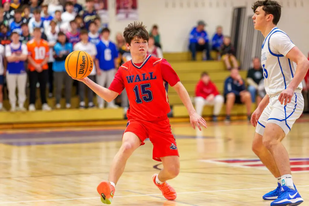 Holmdel at Wall - Shore Sports Insider Wall senior Liam Killea guarded by Holmdel sophomore Anthony Serini. (Photo: Patrick Olivero) - Holmdel at Wall