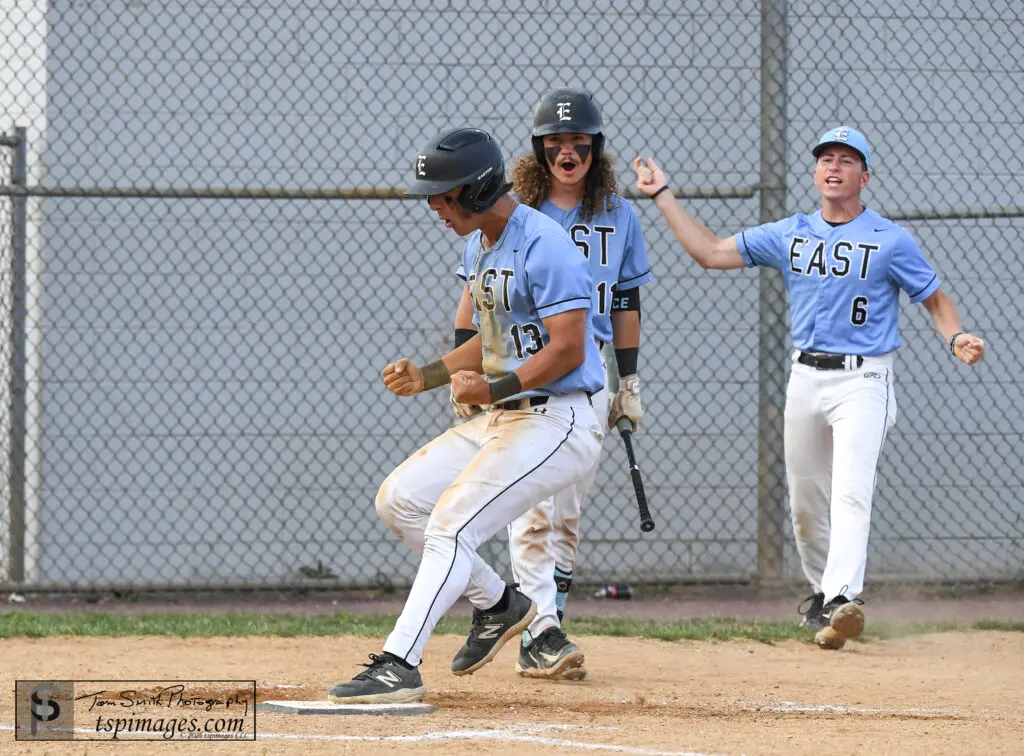 TR South at TR East - Shore Sports Insider Toms River East junior Joey DiMeo scores a run vs. Toms River South in the 2025 NJSIAA South Jersey Group III final. (Photo: Tom Smith | tspsportsimages.com) - TR South at TR East