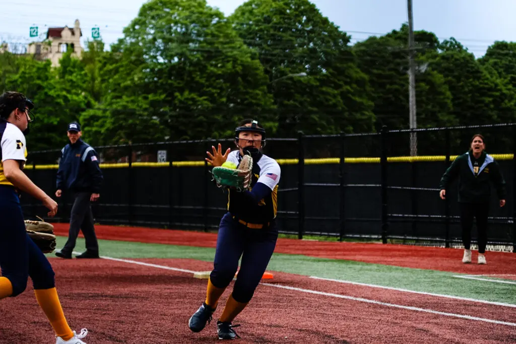 Ashlee Chen - Shore Sports Insider Ashlee Chen making a catch on a pop-up bunt attempt by RBC. 4/28/26 photo by Samantha Mayer - Ashlee Chen