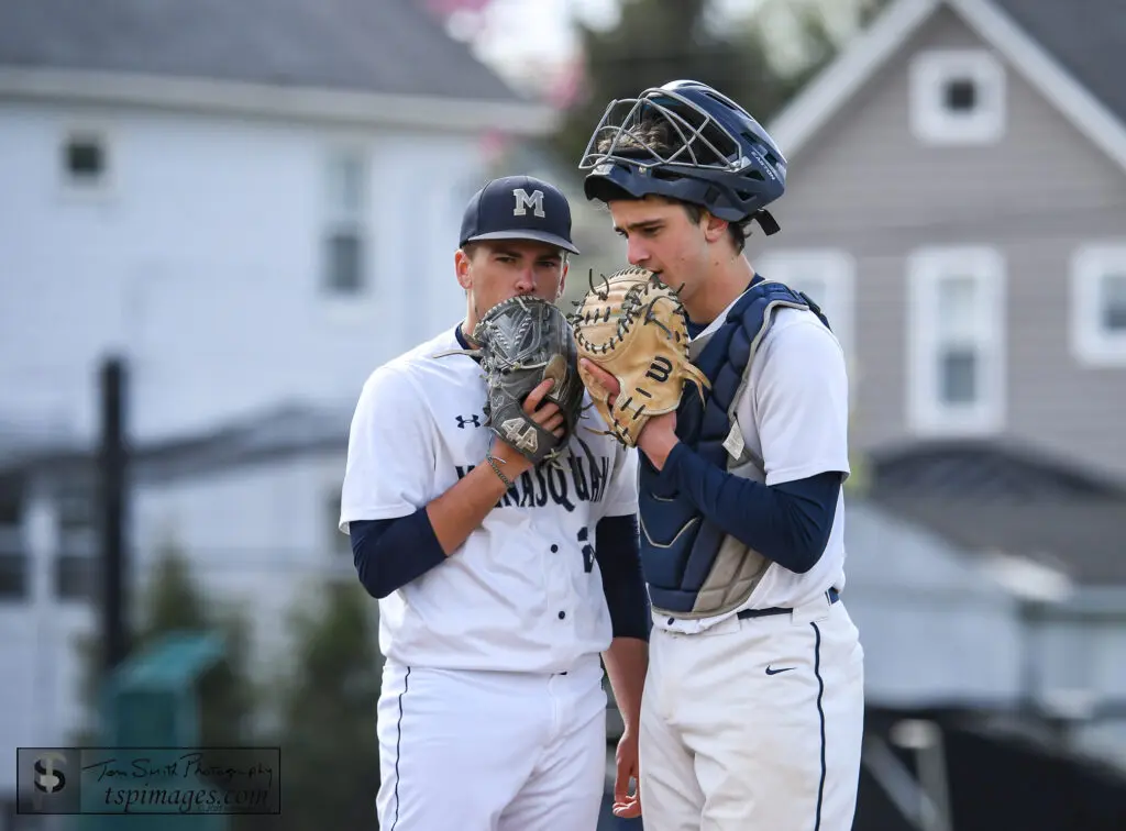 Squan Chase Kaplan and Mike Loffredo - Shore Sports Insider Manasquan senior Chase Kaplan talks with catch er Mike Loffredo. (Photo: Tom Smith | tspsportsimages.com) - Squan Chase Kaplan and Mike Loffredo