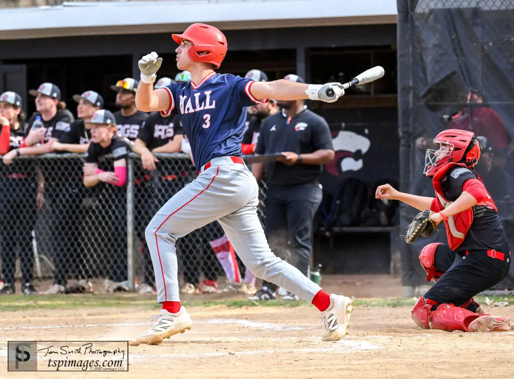 Wall Jackson Soos - Shore Sports Insider Wall sophomore Jackson Soos watches his first inning home run sail toward the right-centerfield fence at the Don Connor Sports Complex.(Photo: Tom Smith | tspsportsimages.com) - Wall Jackson Soos