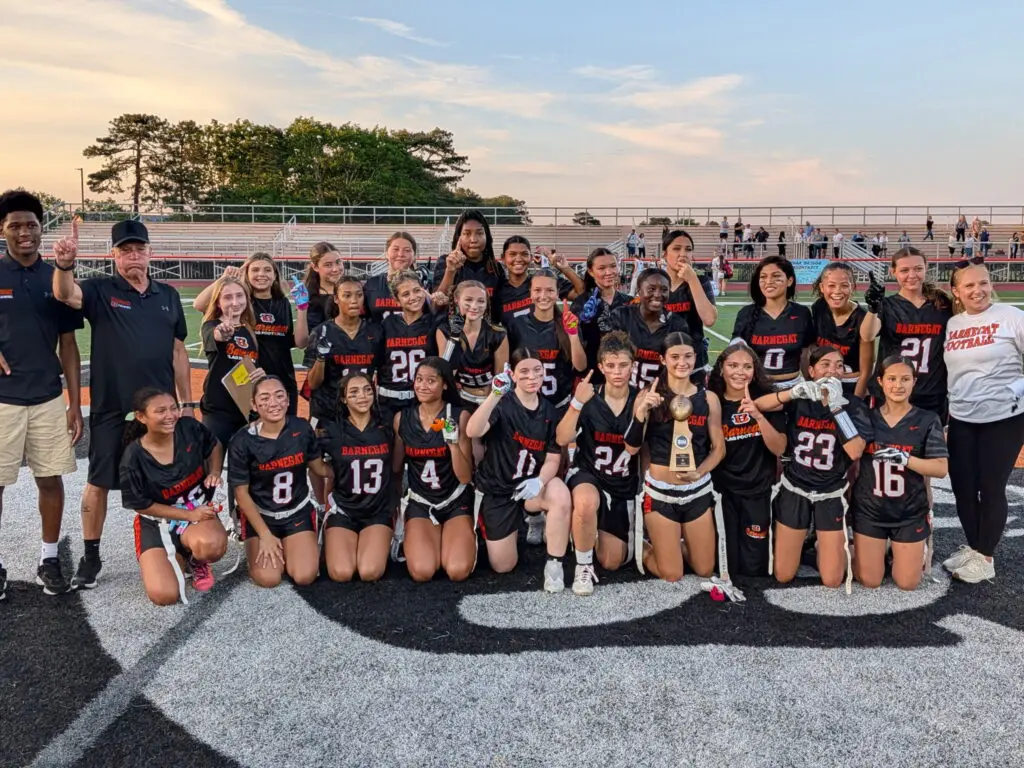 Barnegat Trophy - Shore Sports Insider Barnegat celebrates winning the 2026 Girls Flag Football Shore Conference Tournament title. (Photo by Scott Stump) - Barnegat Trophy