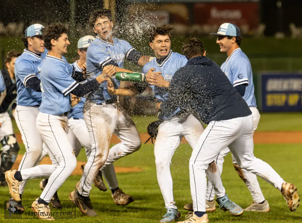 CBA SCT Final - Shore Sports Insider CBA teammates mob Dan Pardini (third from right) after clinching the 2026 Shore Conference Tournament title. (Photo: Tom Smith | tspsportsimages.com) - CBA SCT Final