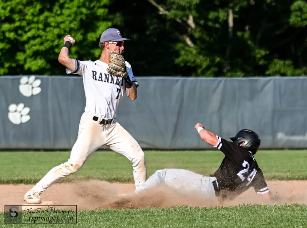 Ranney Robbie Wrobel - Shore Sports Insider Ranney senior Robbie Wrobel attempts to turn a double-play as Rumson-Fair Haven's Lloyd Bush slides into second base. (Photo: Tom Smith | tspsportsimages.com) - Ranney Robbie Wrobel