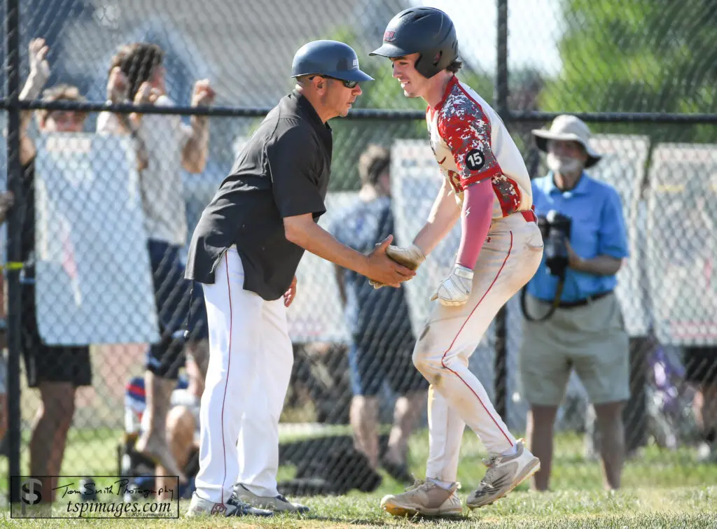 Point Beach Tommy Conroy - Shore Sports Insider Point Beach coach Angelo Fiore congratulates senior Tommy Conroy after Conroy's home run vs. Shore in the 2026 NJSIAA Central Jersey Group I championship game. (Photo: Tom Smith | tspsportsimages.com) - Point Beach Tommy Conroy