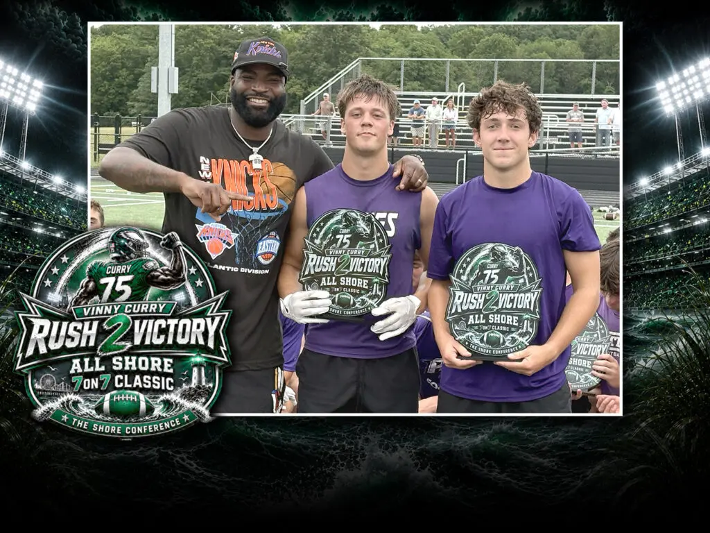 MVP's Vinny Curry - Shore Sports Insider Vinny Curry presents Rumson-Fair Haven's Jason Tucker and Lloyd Bush with MVP honors (Photo by Steve Meyer) - MVP's Vinny Curry