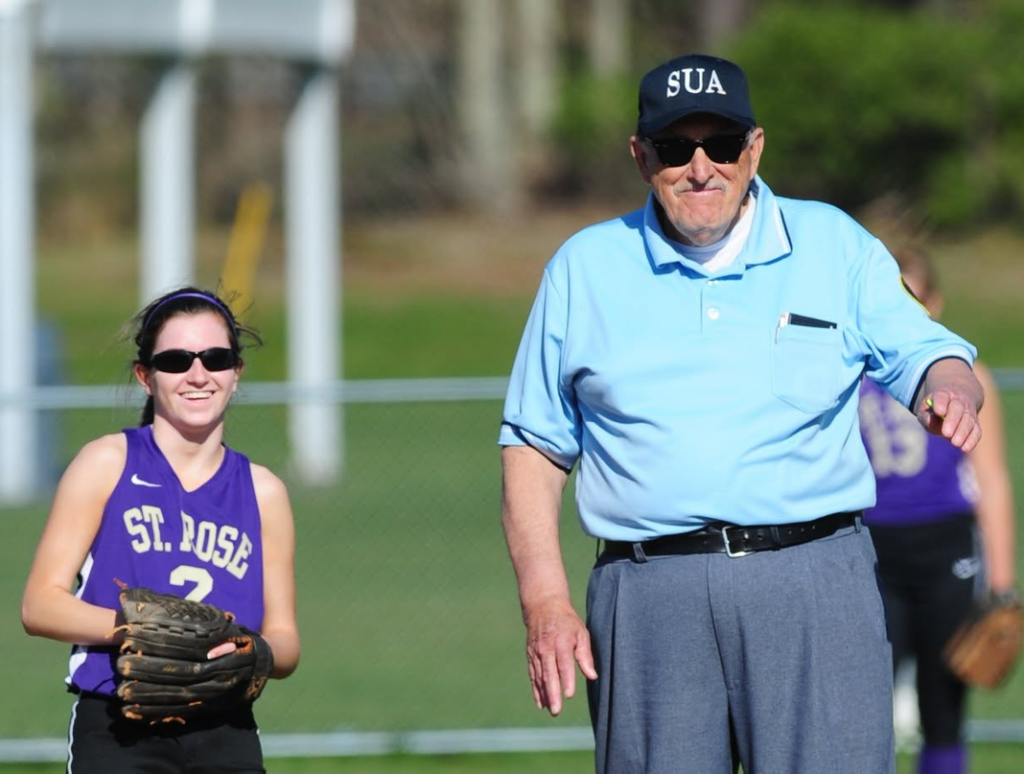 Howie Dombroski - Shore Sports Insider Howie Dombroski umpiring a Shore Conference softball game (Photo provided by friends of the Dombroski family) - Howie Dombroski