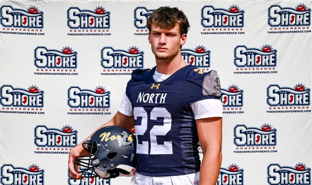 Toms River North's Jack Baker - Shore Sports Insider Toms River North star Jack Baker at the Shore Conference Football Media Day. (Photo by Tom Smith/tspimages.com) - Toms River North's Jack Baker'The Shore Conference' backdrop.