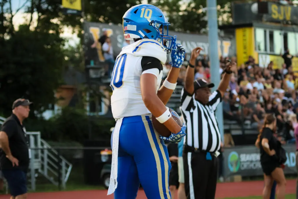 TJ Hunter - Shore Sports Insider Donovan Catholic's TJ Hunter quiets the home crowd after catching a touchdown pass. (Photo by SidelineSamShots) - TJ Hunter