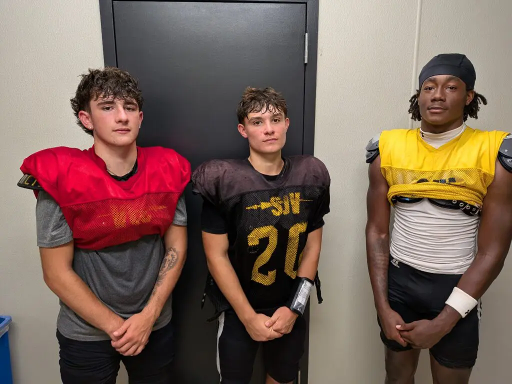 Will Calcagno Anthony Petracca Noah Fitzpatrick - Shore Sports Insider St. John Vianney quarterbacks Will Calcagno (left) and Anthony Petracca (center) combined for three TD passes to wideout Noah Fitzpatrick (right) in a win over Cedar Creek. (Photo by Scott Stump) - Will Calcagno Anthony Petracca Noah Fitzpatrick