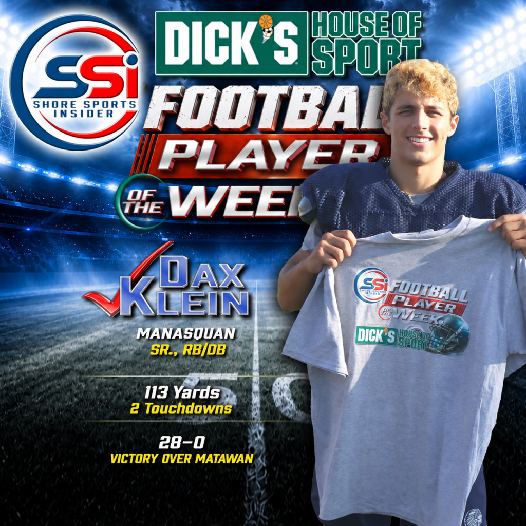 WK-2 Manasquan POTW 1080x1080 - Shore Sports Insider - WK-2 Manasquan POTW 1080x1080's House of Sport Football Player of the Week, featuring Dax Klein of Manasquan holding a team shirt with logos; highlights 113 rushing yards, 2 touchdowns, 28–0 win.