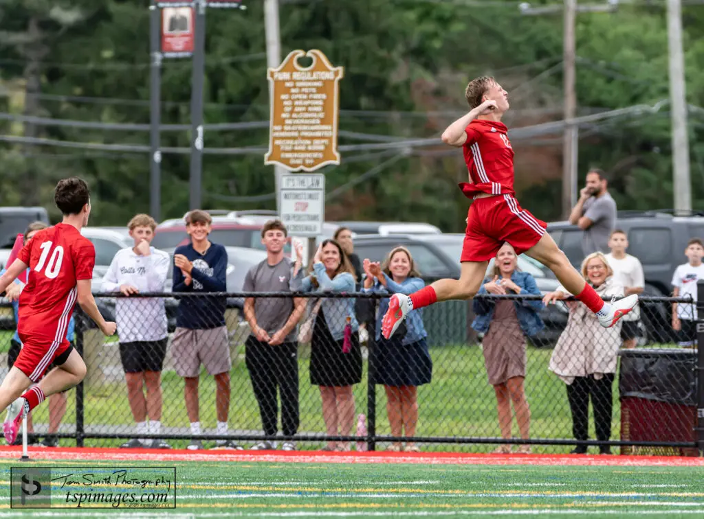 Manalapan Ryan Seybuck 2 - Shore Sports Insider Manalapan senior Ryan Seybuck leaps in the air to celebrate his goal vs. Colts Neck. (Photo: Tom Smith | tspsportsimages.com) - Manalapan Ryan Seybuck 2