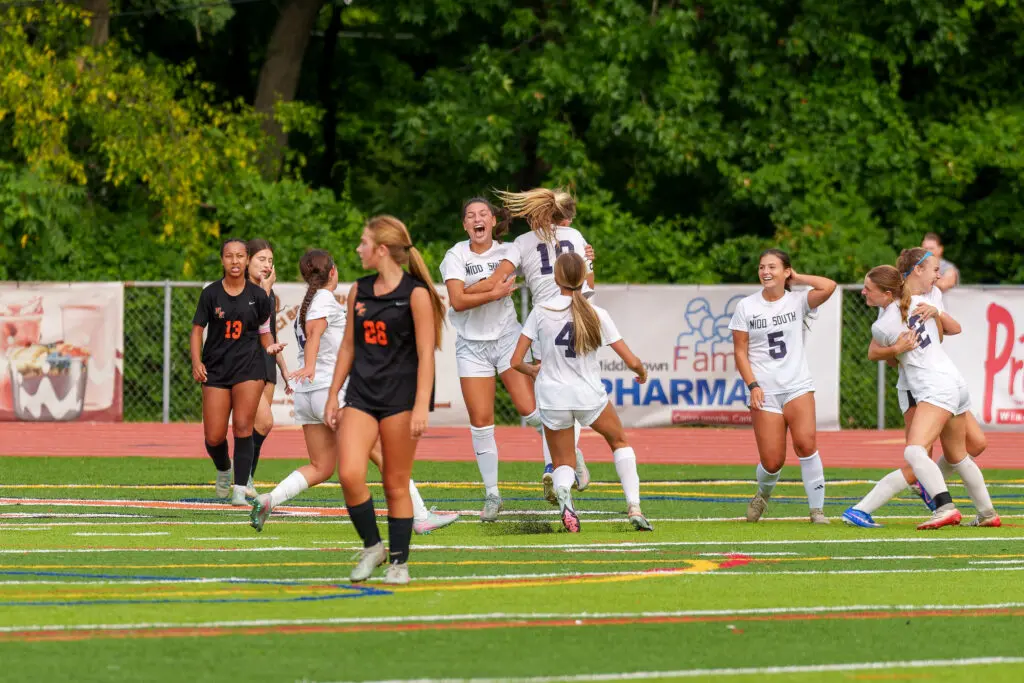 MSCelenbrate2 - Shore Sports Insider Hayley Jamison celebrating one of her two goals against Middletown North. 9/19/26 (Photo by Patrick Olivero) - MSCelenbrate2