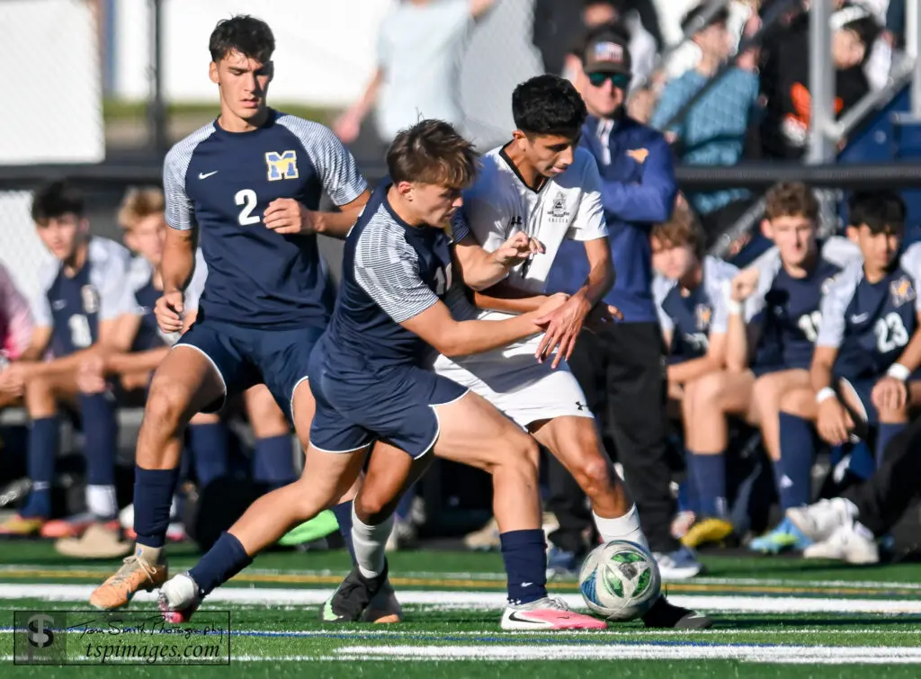 TR East at Marlboro - Shore Sports Insider Marlboro senior Nick Hramyka (left) and Toms River East senior Ayden Salazar (right) battle for position as Marlboro senior Ben Saada (2) looks on. (Photo: Tom Smith | tspsportsimages.com) - TR East at Marlboro