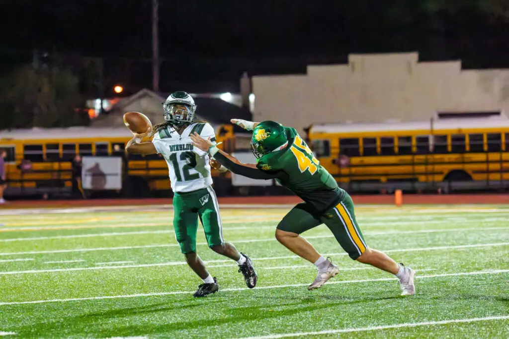 RBC Asher Cummins - Shore Sports Insider RBC's Asher Cummins pressure Winslow QB Javon Thompson (Photo by Patrick Olivero) - RBC Asher Cummins