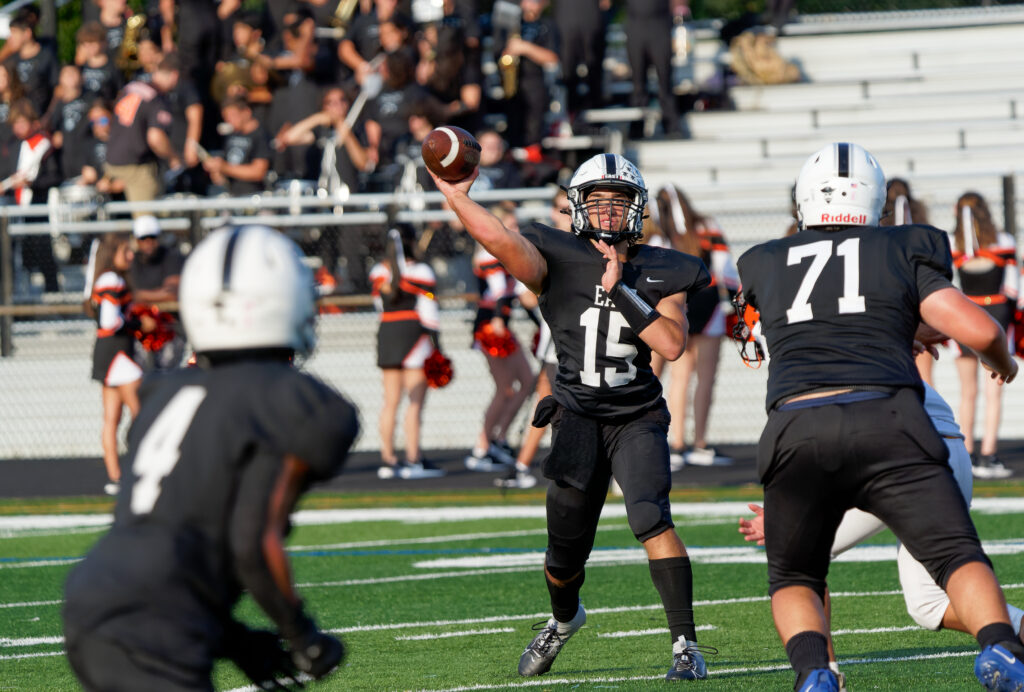 Toms River East senior quarterback Anthony DeMarco releases a pass intended for senior wide receiver Izzy Singleton (4). (Bob Badders | rpbphotography.com) - Anthony DeMarco, Toms River East football