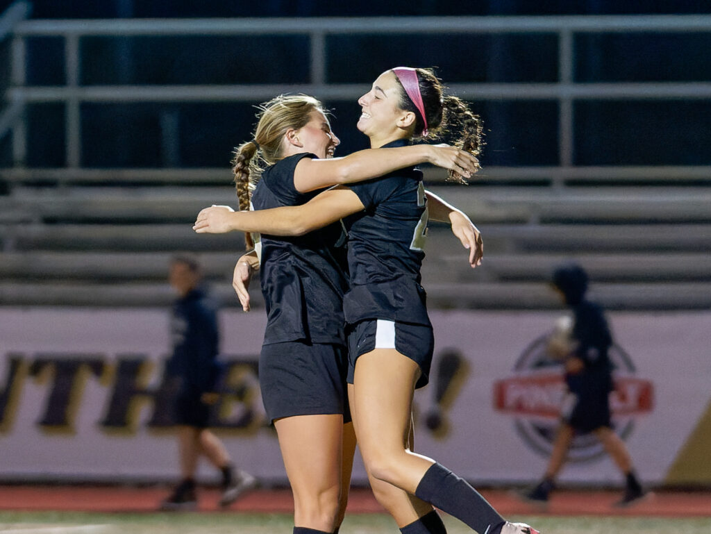 Maddie Renna (right) and Elise Viggiano celebrate Renna's goal in the 5th minute of Point Boro's 4-0 win over Haddonfield in the NJSIAA Group 2 semifinals. (Bob Badders | rpbphotography.com)