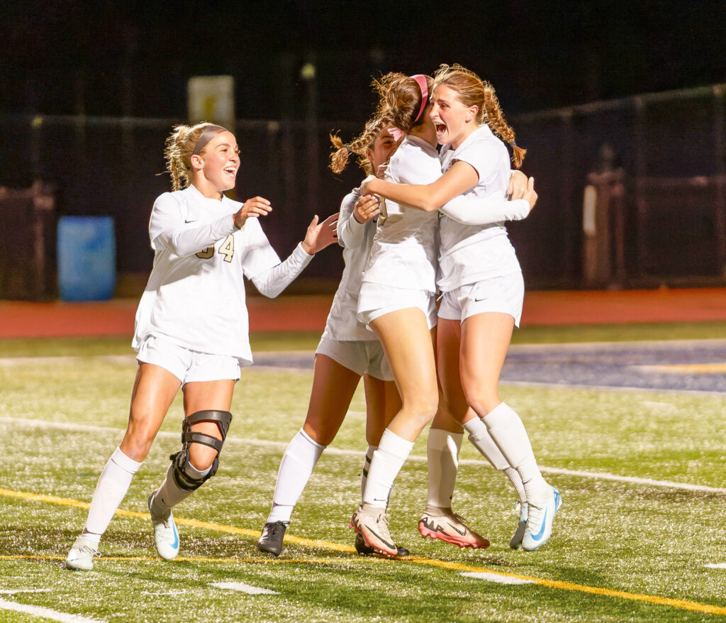 Elise Viggiano (right) celebrates her goal in the 15th minute that put Point Boro up 1-0 on its way to a 3-1 win over Madision in the NJSIAA Group 2 state final. (Bob Badders | rpbphotography.com) - Elise Viggiano, Point Boro girls soccer