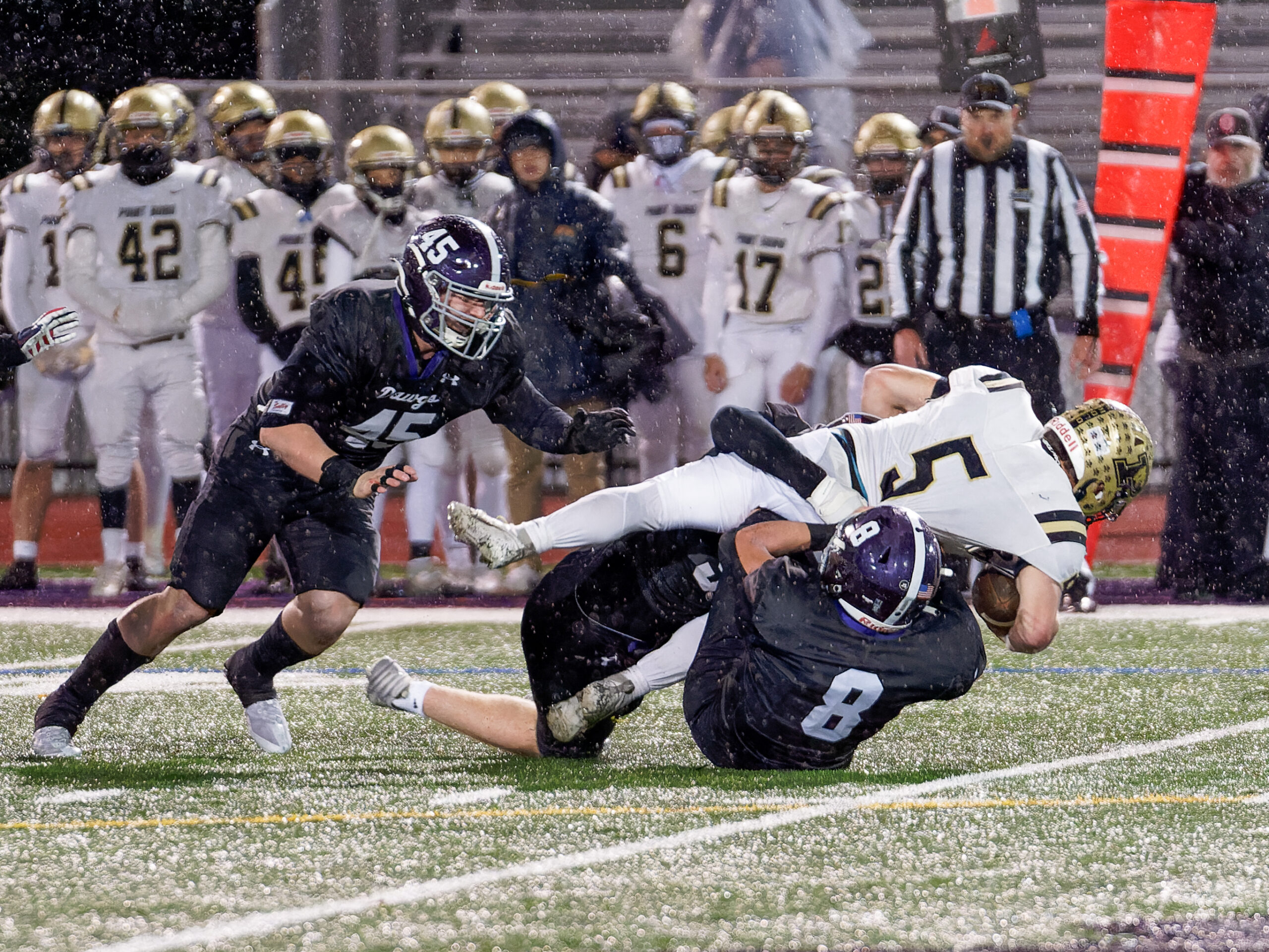 Rumson's defense became the first team to hold Point Boro without a rushing touchdown this season. (Bob Badders | rpbphotography,com). - Rumson-Fair Haven football defense