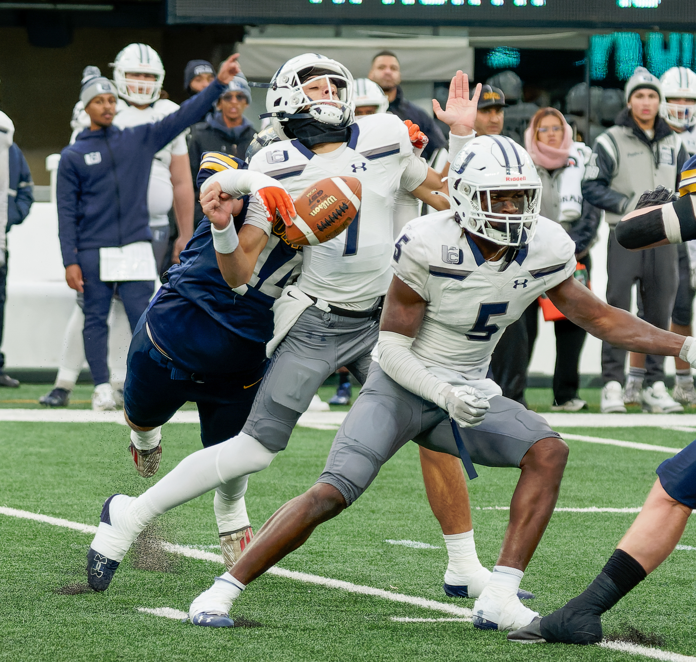 Toms River North completed a perfect 14-0 season by defeating Union City 41-14 in the NJSIAA Group 5 state championship game on Friday, Nov. 29, 2024 at MetLife Stadium in East Rutherford, NJ. (Bob Badders | rpbphotography.com) - Blaise Boland strip-sack vs. Union City