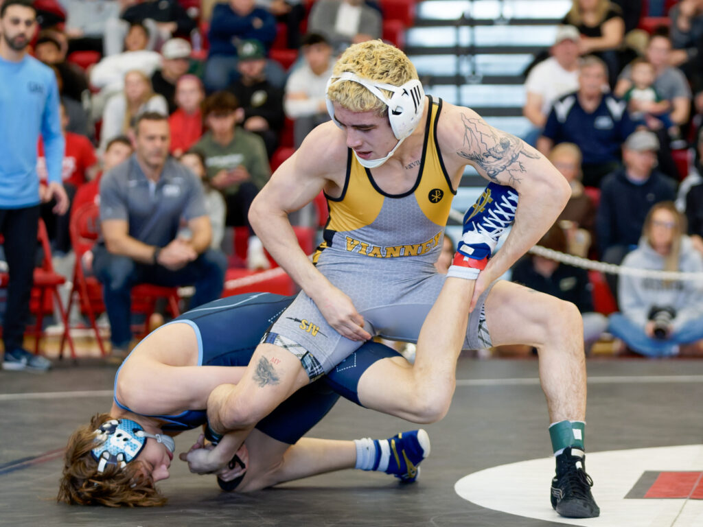 St. John Vianney's Anthony Knox battles Christian Brothers Academy's Bobby Duffy at the 2024 NJSIAA Region 7 Tournament at Lenape High School. (Bob Badders | rpbphotography.com) 