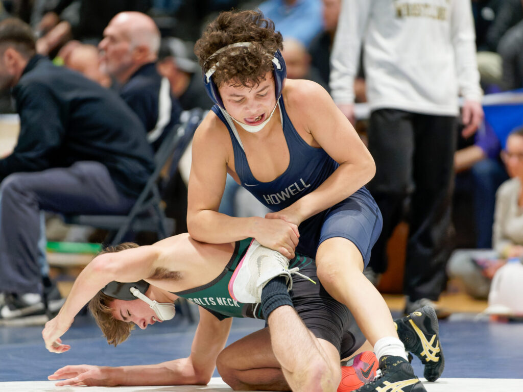 Howell's Luke Johnston wrestles Colts Neck's Ethan Michaels during the 2024 Shore Conference Tournament 106-pound semifinals. (Bob Badders | rpbphotography.com)