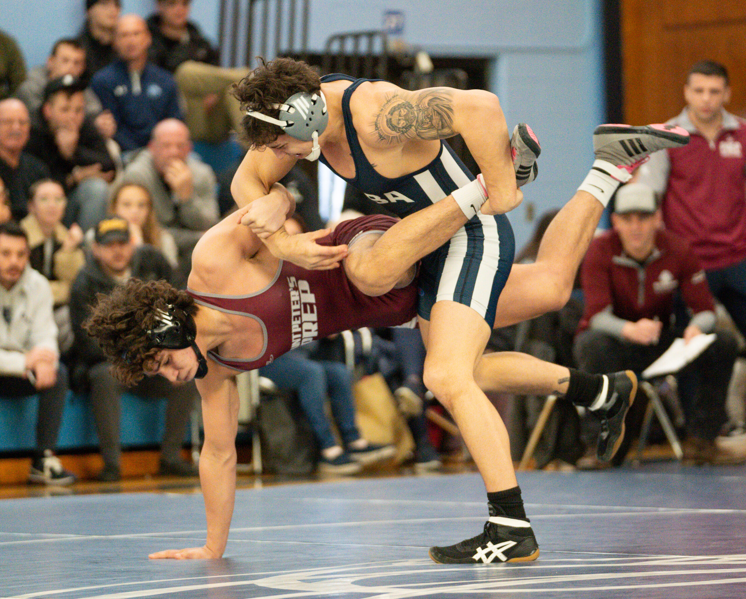 CBA senior AJ Falcone went 5-0 during the Catholic School Duals, including a 14-7 win over St. Peter's Prep's Josh Piparo. (Bob Badders | rpbphotography.com). - AJ Falcone, CBA wrestling