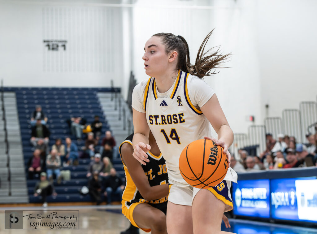 Cassidy Kruesi scored 17 points in the SCT semifinal round at RW Barnabas Arena on 2/18/25. Photo by Tom Smith - SCT Semi St Rose Cassidy Kruesi 2