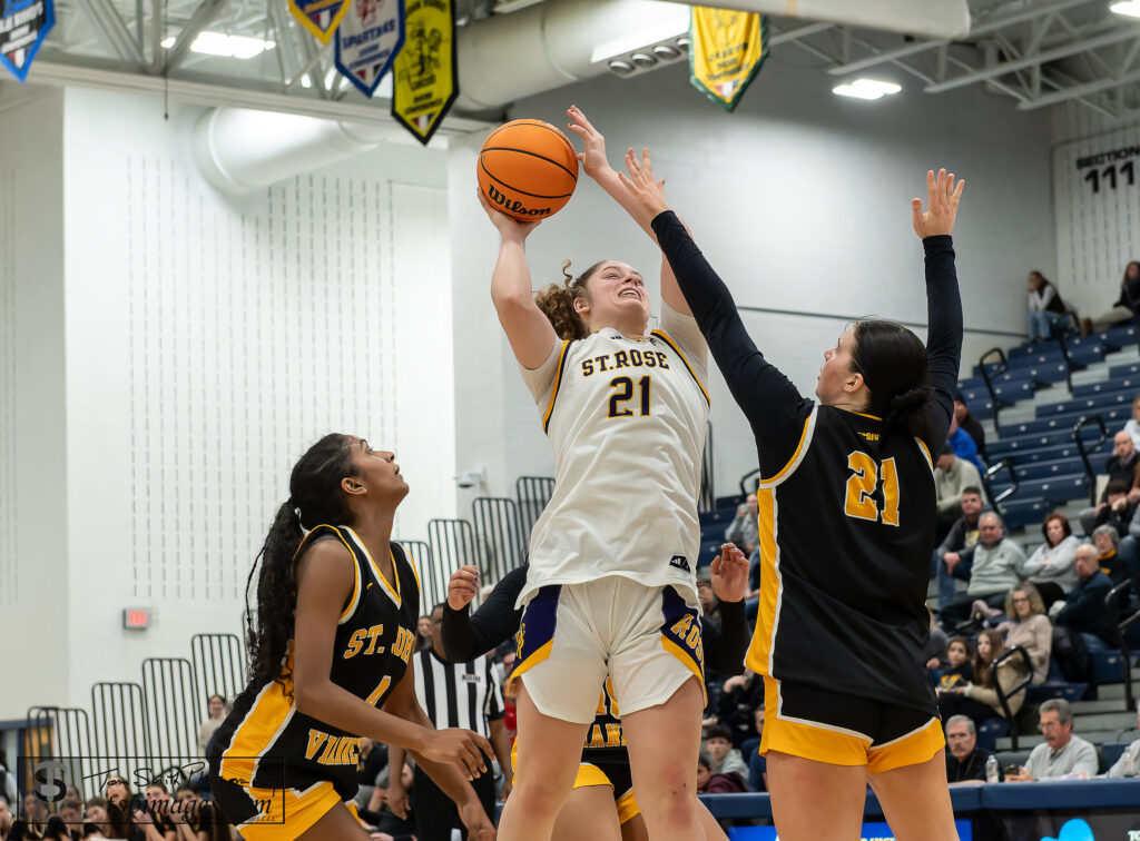 Jada Lynch working to score inside the pain against SJV in the SCT semifinal round at RW Barnabas Arena. Photo by Tom Smith - SCT Semi St Rose Jada Lynch 4