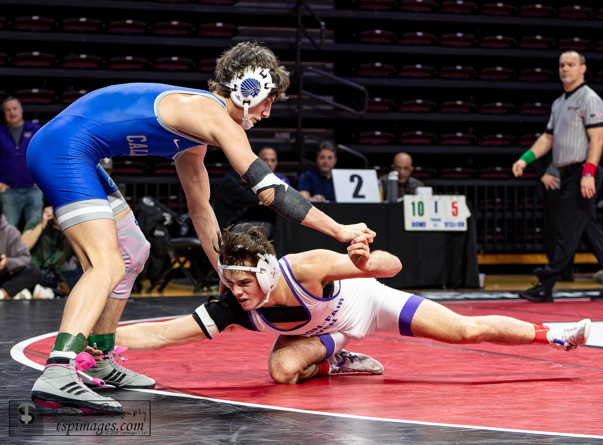 Rumson sophomore Sonny Amato, the defending 144-pound NJ state champion, won by fall over Caldwell's Rocco Conforti during the 2025 NJSIAA Group 2 state final. (Photo credit: Tom Smith | tspsportsimages.com). - Sonny Amato, Rumson-Fair Haven wrestling