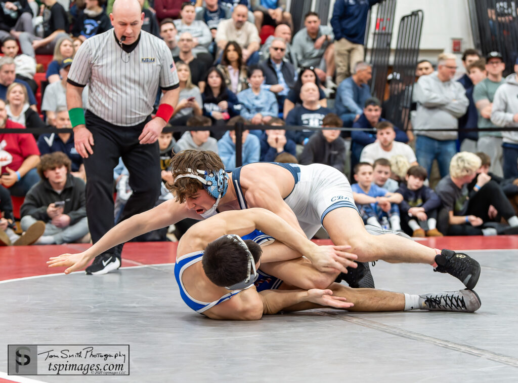 CBA junior Will Sakoutis rallied from a 7-point hole to beat Ocean's Boomer Volek and win the Region 6 title at 144. (Photo by Tom Smith/tspsportsimages.com)  - Will Sakoutis CBA