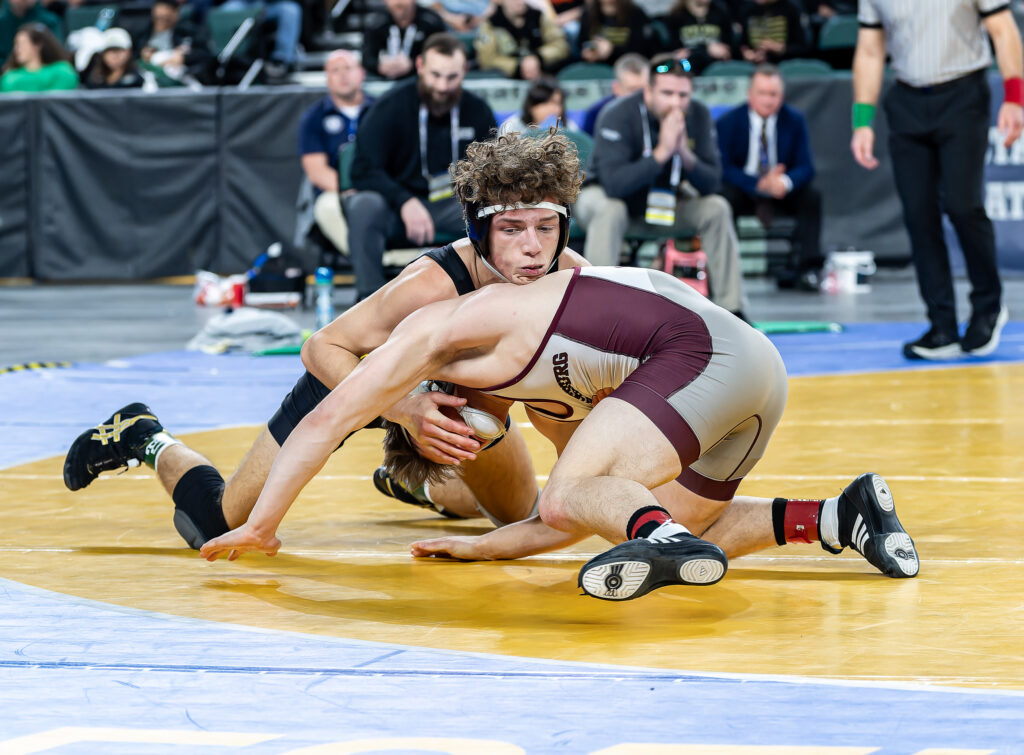 Southern senior Wyatt Stout won a 3-2 thriller in the ultimate tiebreaker over Phillipsburg's Gavin Hawk to claim the 157-pound state title. (Photo by Tom Smith/tspsportsimages.com)  - Wyatt Stout Southern