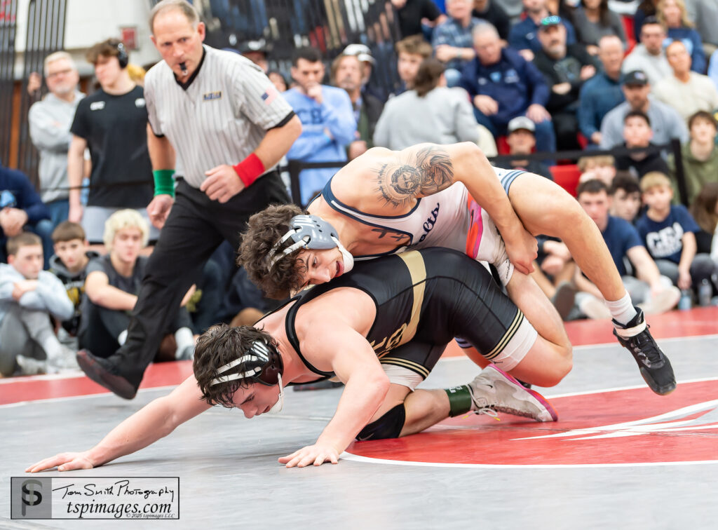 CBA star A.J. Falcone won 2-1 in rideouts over Point Boro's Jake Clayton in a Region 6 showdown between two of the top wrestlers at 165 in the state. (Photo by Tom Smith/tspsportsimages.com)  - AJ Falcone CBA