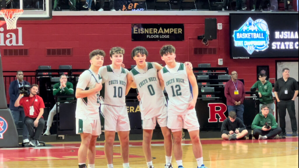 From left: Colts Neck's Dan Buoncore, Dillon Younger, Bryce Belcher and Lukas Sloane. (Image: Matt Manley) - Colts Neck Group 3 Champs