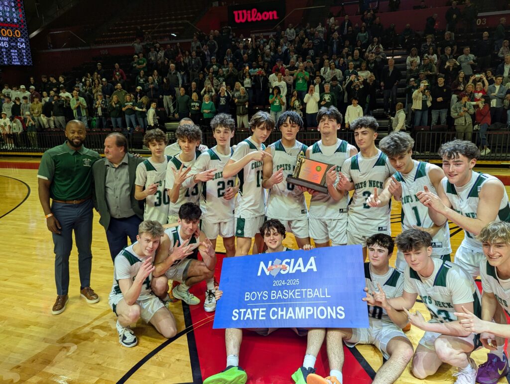 Colts Neck celebrates its first NJSIAA Group title after beating Ramapo 54-46 in the Group 3 championship game. (Photo by Scott Stump)  - Colts Neck basketball