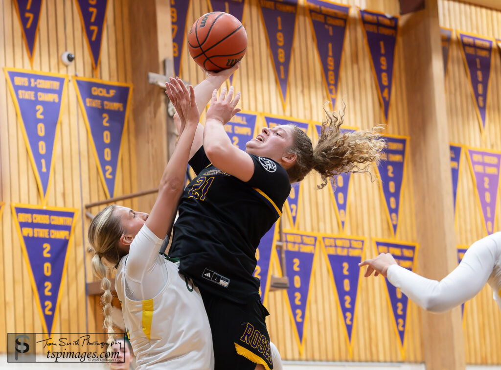 St. Rose junior Jada Lynch goes up over Red Bank Catholic junior Tessa Liggio. (Photo: Tom Smith | tspimages.com) - St. Rose Jada Lynch