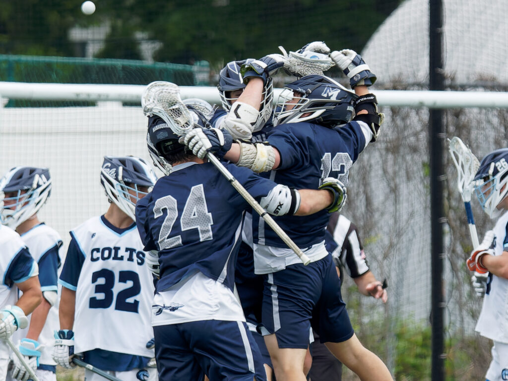 Manasquan boys lacrosse Manasquan celebrates a goal during the its 9-7 win over CBA in the Shore Conference Tournament semifinals on May 17, 2025. (Bob Badders | rpbphotography.com)